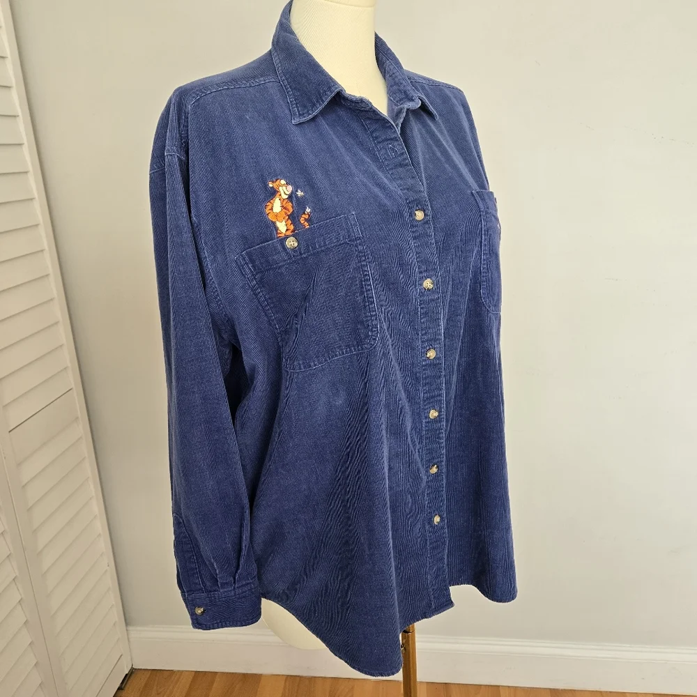 Vtg Disney Pooh Navy Embroidered Corduroy Button-up Shirt XL Cottagecore Retro - Picture 4 of 13